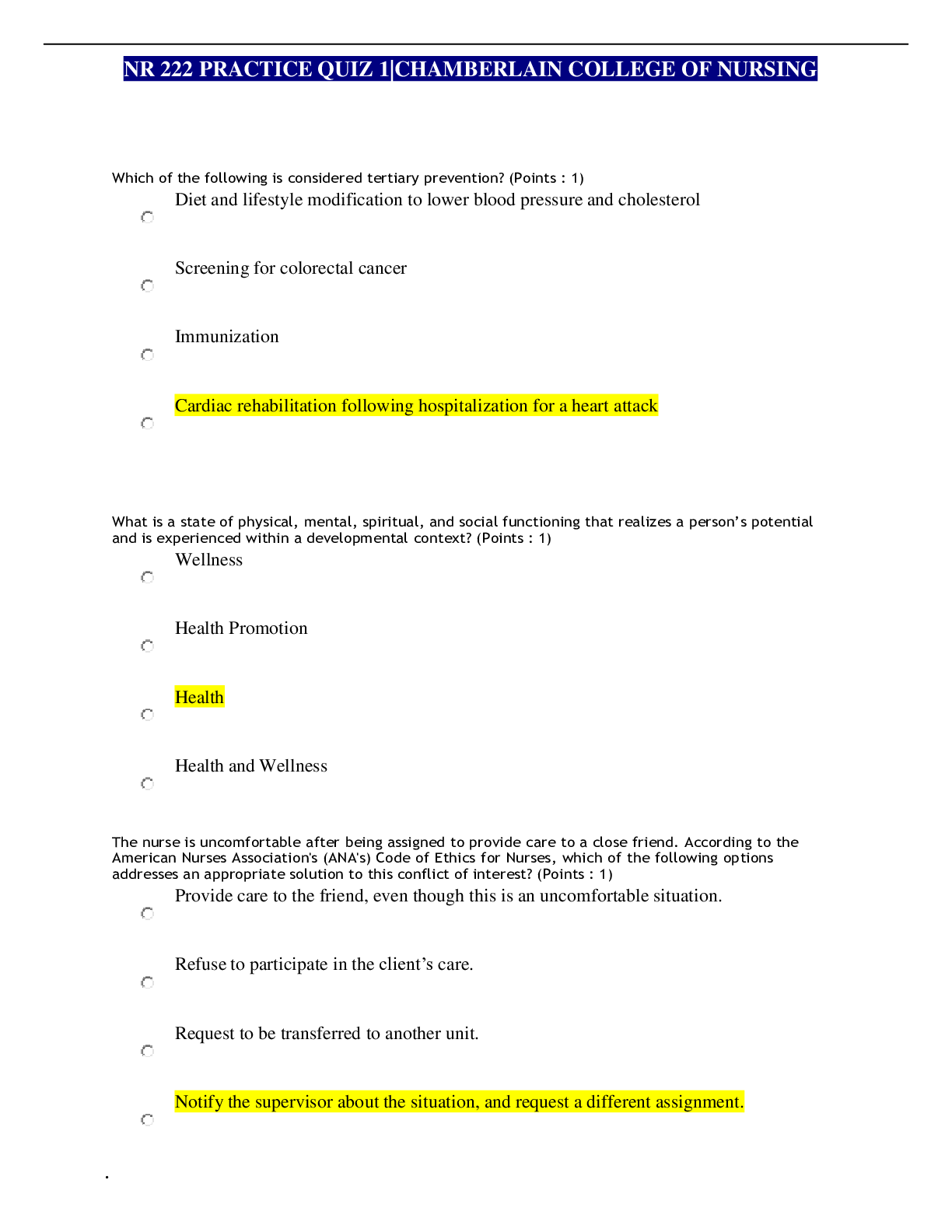 Preview of NR 222 PRACTICE QUIZ 1|CHAMBERLAIN COLLEGE OF NURSING |